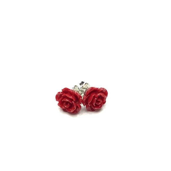 Red Rose Shaped Flower Stud Earrings - Picture 4 of 8